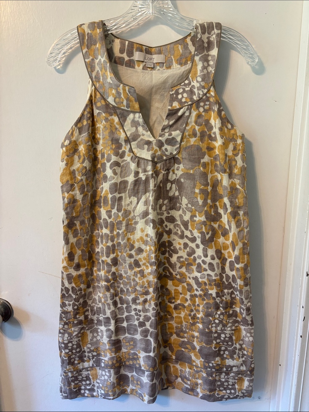 LOFT Yellow & Taupe Printed Linen-Blend Mini Dress